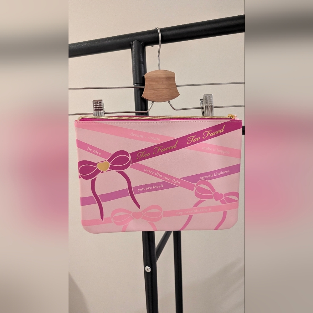 Too Faced Pink and Gold Bow Cosmetic Bag